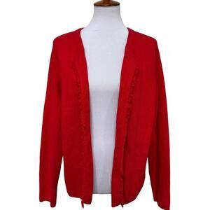 Talbots Cardigan Sweater Red Fringe Long Sleeve Open Front Cotton Knit XL